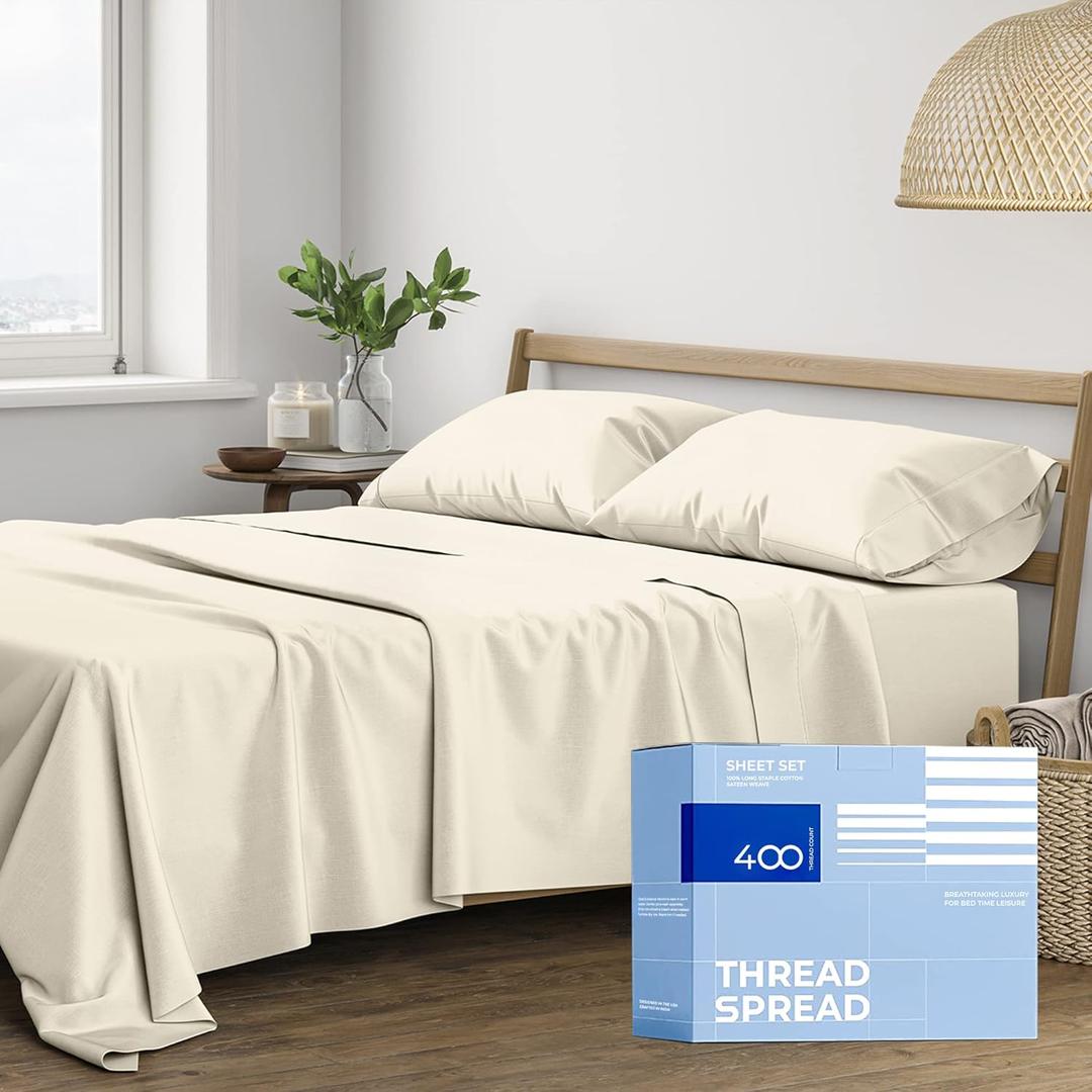 THREAD SPREAD King Size Sheets Set Cotton - 400 Thread Count Cotton King Sheets 4 PC Set (Ivory), Ultra Soft, Cooling, Hotel-Quality 16" Deep Pocket Sateen Weave Bedsheet for Hot Sleepers