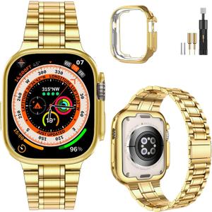 MioHHR Solid Stainless Steel Band Compatible with Apple Watch 49mm Ultra 3/2/1, Metal Strap with Soft TPU Case for iWatch Series Ultra 3/2/1 49mm Women and Men, Gold, Size: 49mm (Ultra 3/2/1)