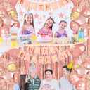 Lutoys Rose Gold Happy Birthday Party Decorations, Happy Birthday Banner, Rose Gold Foil Heart Star Confetti Balloons Curtain Backdrop Hanging Swirls Party Decor for Girls Women Princess
