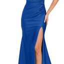 LAGSHIAN Women's Elegant V Neck Halter Backless Bodycon High Split Ruched Long Formal Evening Dress (Blue, XL)