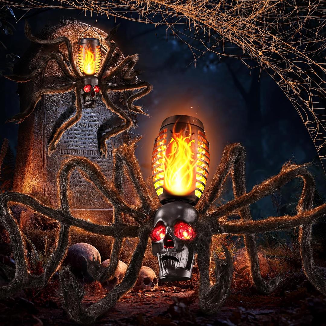 Halloween Skull Flame Lights with 8 Spider Tentacles 2 Pack- Solar Powered Outdoor Lighting Decoration for Halloween Parties, Gardens, and Haunted Displays (Orange, 2 Pack)