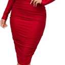 Rodawu Women's Sexy Deep V Neck Off Shoulder Bodycon Midi Dress (Red)
