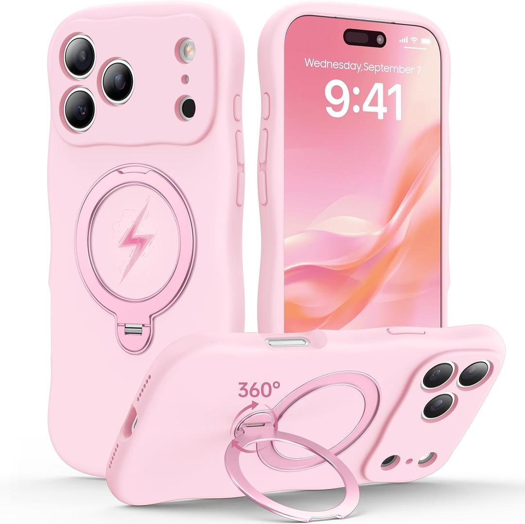 360 Spin Silicone Stand Cover for iPhone 17 Pro Case [Cute Wavy & Full Camera Protection] Fit for MagSafe Shockproof Women Girl Phone Case for iPhone 17 Pro 6.3", Chalk Pink