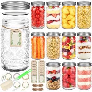 32 oz Mason Jars with Airtight Lids and Bands, 12-Pack with Wide Mouth, Rustic Stickers & Tags, Quart Glass Canning Jars for Pickling, Food Storage, Fermentation,Overnight Oats, 3.56 x 3.56 x 6.3 inches