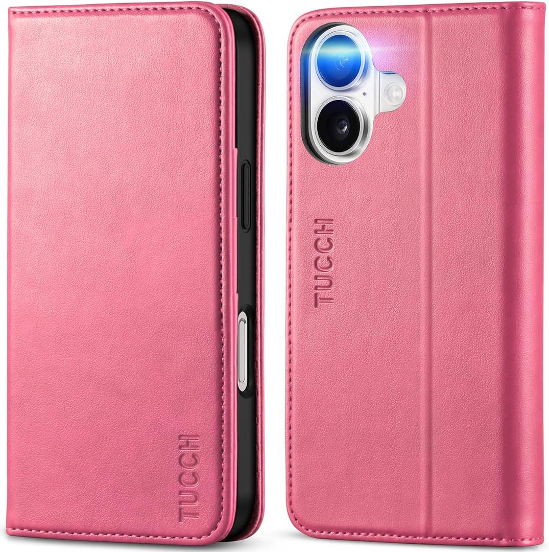 TUCCH Case Wallet for iPhone 16, [3 Card Slots] Kickstand PU Leather [RFID Blocking] Case, Flip Folio Cover with [TPU Shockproof Interior Shell] Compatible with iPhone 16 2024, Hot Pink
