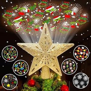 Wninbu Christmas Tree Topper Star Lighted with 6 Projection Modes, Christmas Star Tree Topper Projector Built-in LED Rotating Lights, 3D Glitter Dynamic Projector Party Christmas Decorations (Gold)