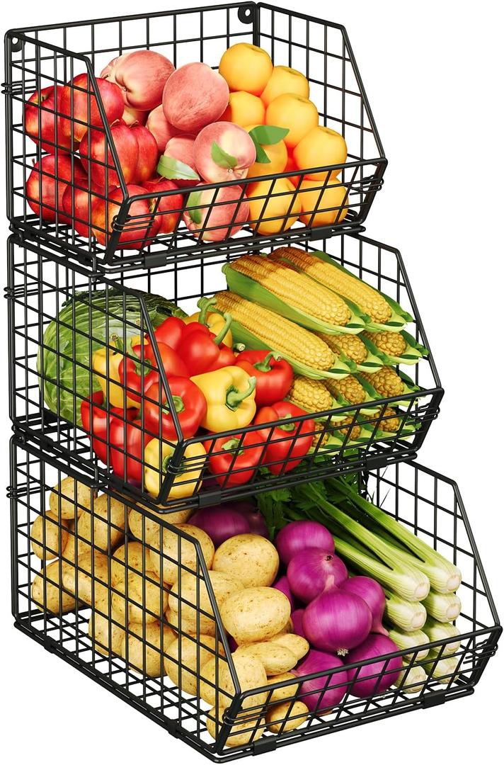 X-cosrack 3-Tier Stackable Wire Baskets for Pantry Organization and Storage, Kitchen Counter Basket for Potato Onion Storage, Fruit and Vegetable Storage Basket, Metal Baskets for Snack Produce Cans (Black)