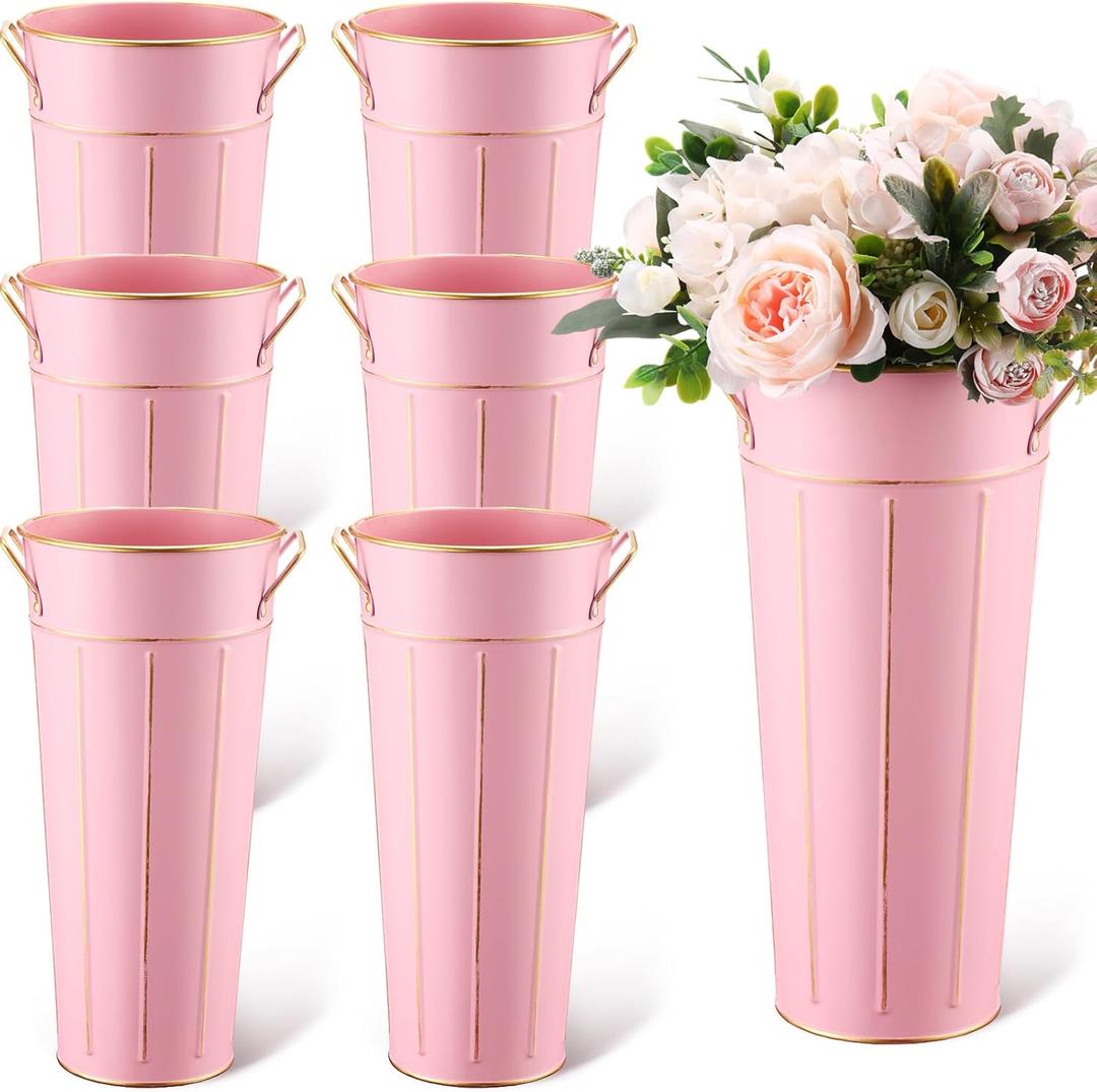 Domensi 6 Pcs 11.8'' Galvanized Metal Vase with Handle Rustic Galvanized Vase Planter Bucket for Fresh Flowers Dried Floral Decor Farmhouse Table Centerpiece Decoration for Wedding(Pink)