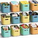 12 Pack Colorful Plastic Storage Bins, Storage Container for Organizing, Colored Storage Boxes with Handle for Shelves, Cute Organizer Bins for Craft, Snacks, Cabinet, 9.69x6.7x5.7 inch
