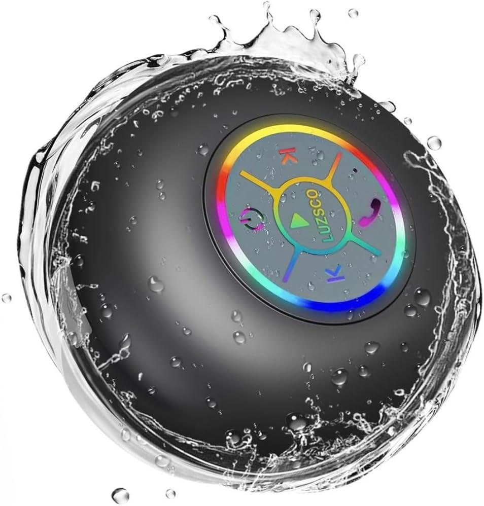 Bluetooth Shower Speaker with LED Portable Wireless Mini Speaker with Mic & Suction Cup, IPX4 Water Resistant for Shower, Travel, Pool, River Floating, and Outdoor Fun (Black)