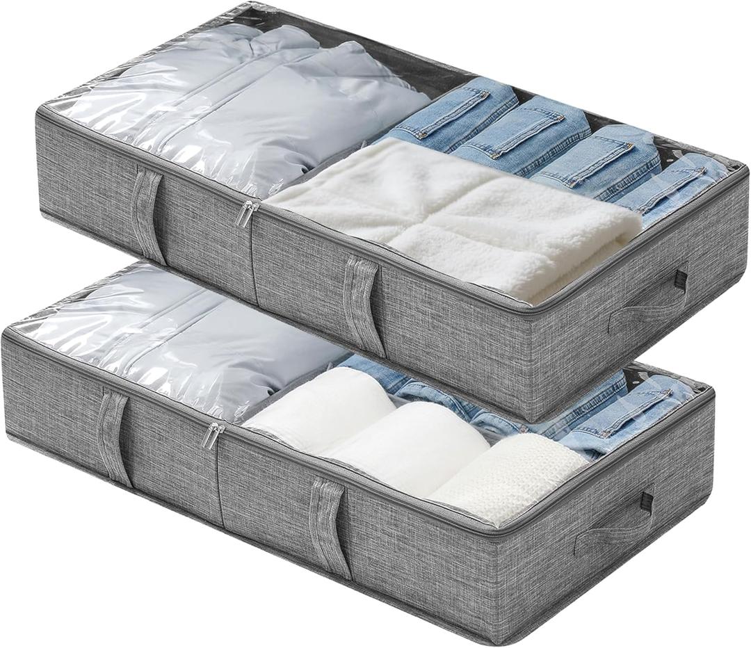 Foldable Underbed Bags 2 Pack, Large Under Bed Storage Organizer Box with Handle for Organizing Clothes, Shoes, Pillows, Grey