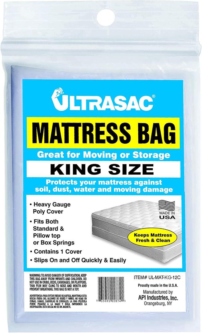 Ultrasac - King Size Waterproof Mattress Cover, 2 Mil (eq), 88 x 96, Clear, 1 Count - Moving & Storage