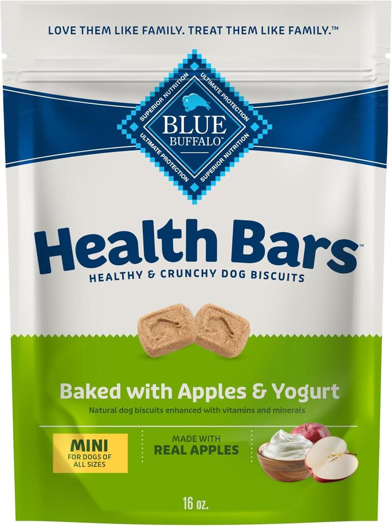 Blue Buffalo Health Bars Mini Crunchy Dog Biscuits, Oven-Baked with Natural Ingredients, Apples & Yogurt, 16-oz Bag (EXP 08/01/27)
