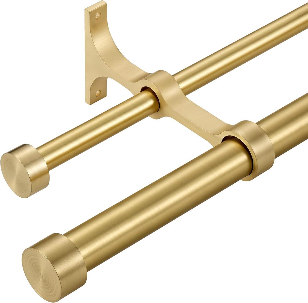 Double Curtain Rods with Aluminum End Cap and Full Surround Brackets,1"Front and 5/8" Back Rod,Adjustable between 72 to 144 Inches (6-12 Feet), Brass Double Window Drapery Rod