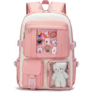 PRLINJSK Kawaii Backpack for Teen Girls, Cute Aesthetic High Middle School College Bookbag with Accessories Pink Beige (Medium)