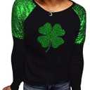St. Patrick's Day T-Shirt Womens Funny Shamrock Printed Sequined Splicing Sleeve Casual Lucky Clover Heart Graphic Tee Tops (XX-Large, Black-2)