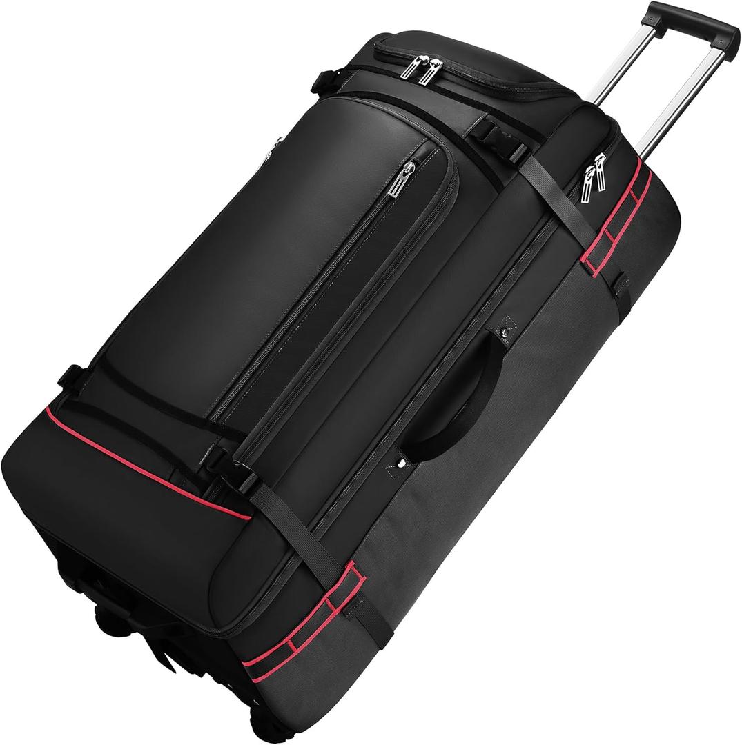 100L Extra Large Rolling Duffel Bag with Wheels and Handle 33" Heavy-Duty 1600D PVC Checked Luggage for Business Travel and Mens Week-Long Trips, Foldable Base Design