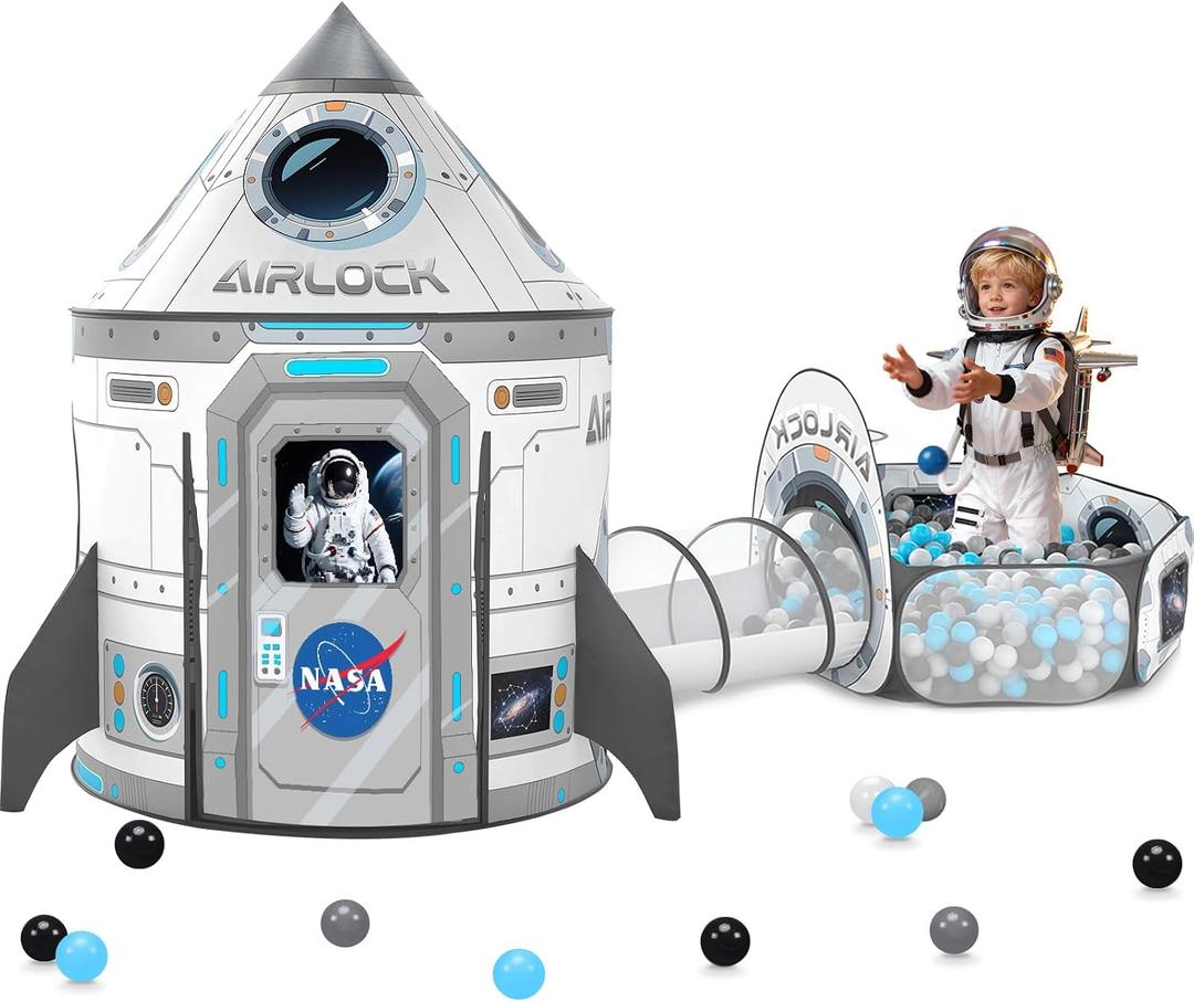 3Pcs Kids Rocket Play Tent for Boys: Pop Up Toddlers Spaceship Playhouse with Baby Crawl Tunnel, Ball Pit and Castle Tent - Children Game Tent Toys Indoor and Outdoor for Birthday, 39 inches x 39 inches x 51 inches