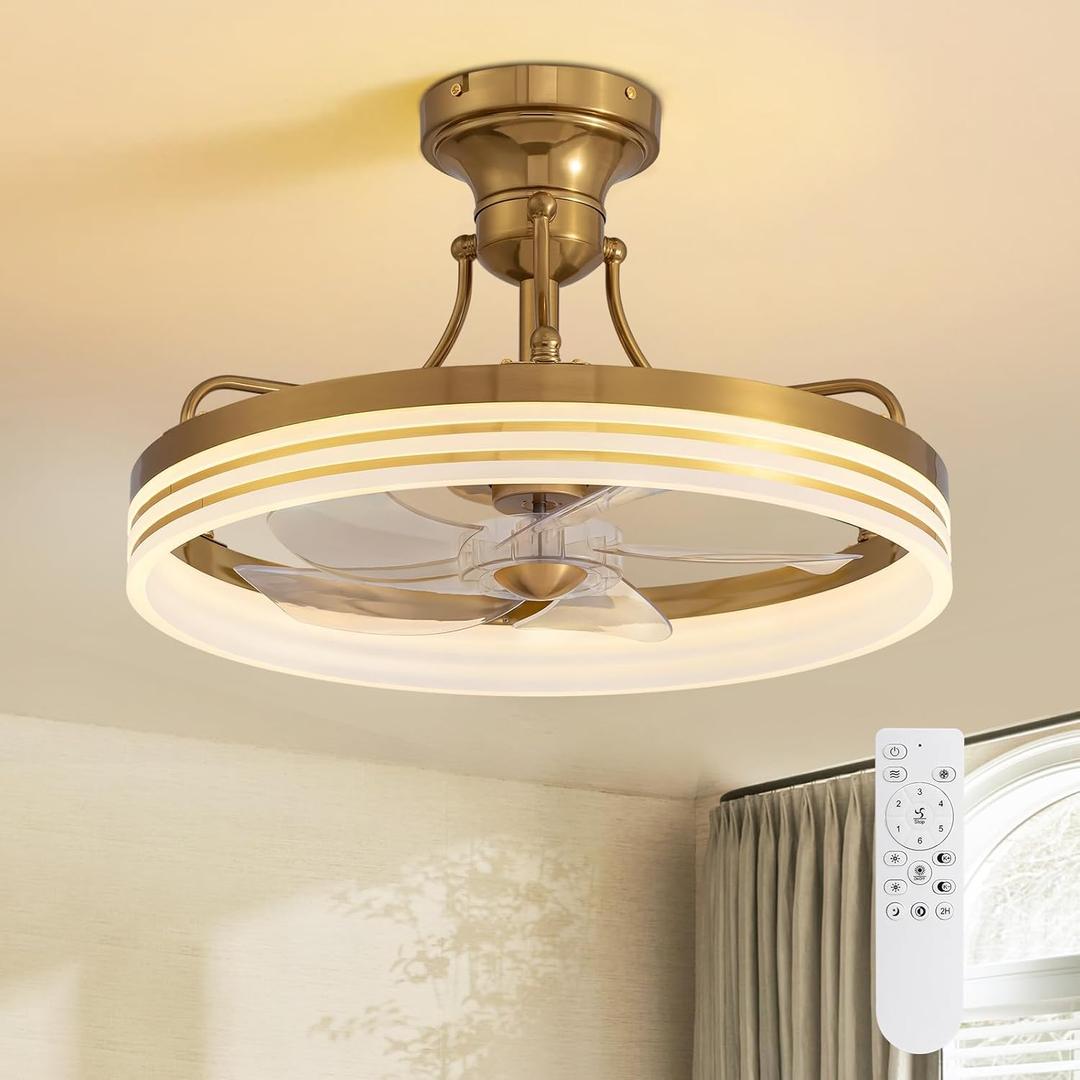 20inch Ceiling Fan With Light Gold Flush Mount Fandelier with Remote Control Modern LED Ceiling Fan 6 Wind Speeds Fandelier for Bedroom Living Room Kitchen
