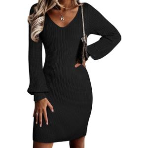 Sidefeel Womens 2025 Fall Winter Ribbed Knit Sweater Dress Casual Long Sleeve Sexy V Neck Bodycon Mini Dress (Black, S)