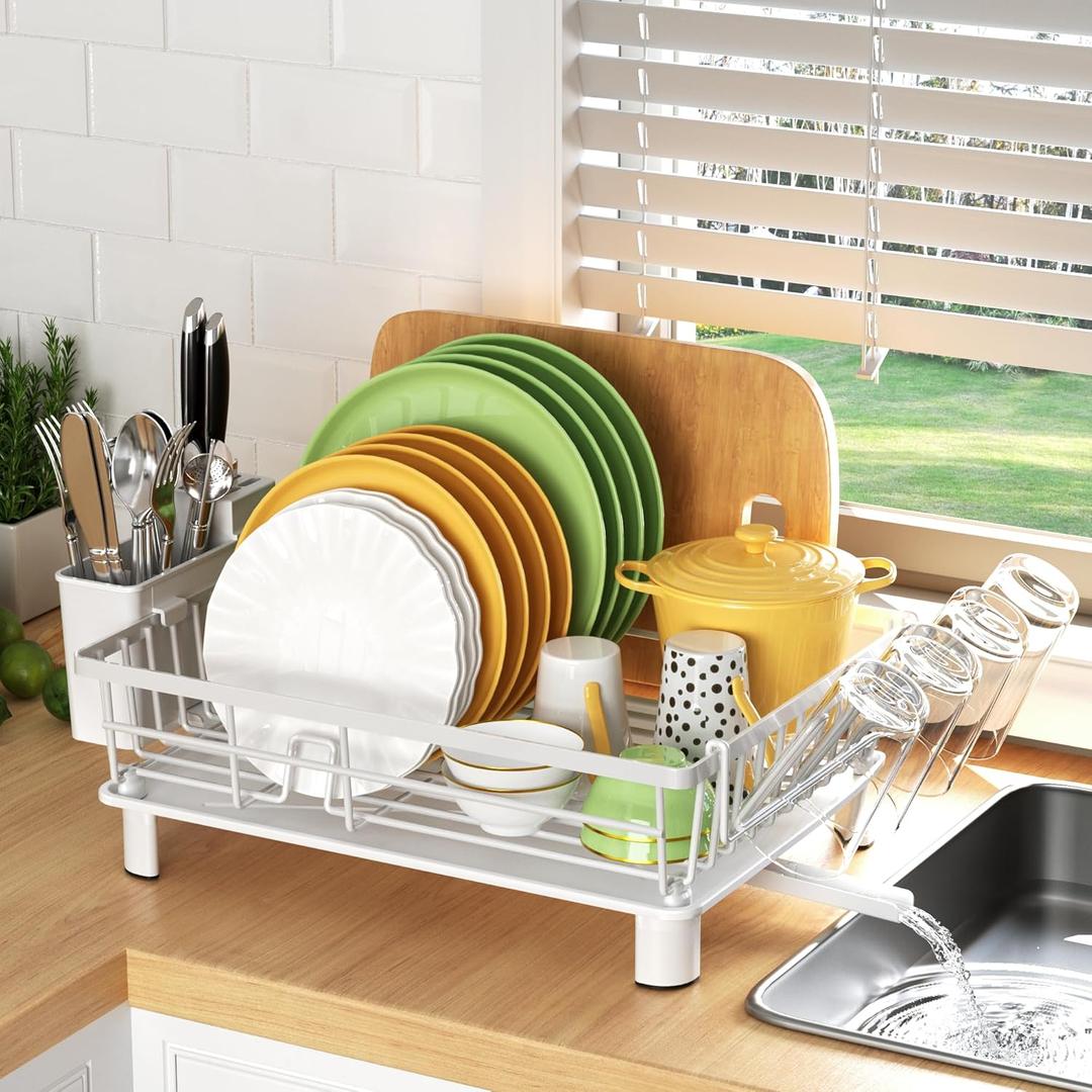 Dish Drying Rack, Dish Racks for Kitchen Counter, Detachable Dish Drainer with Drainboard, Utensil Holder, Cup Holder, Space Saving Kitchen Drying Rack for Small Home and Appartment, White (1 Tier-white)