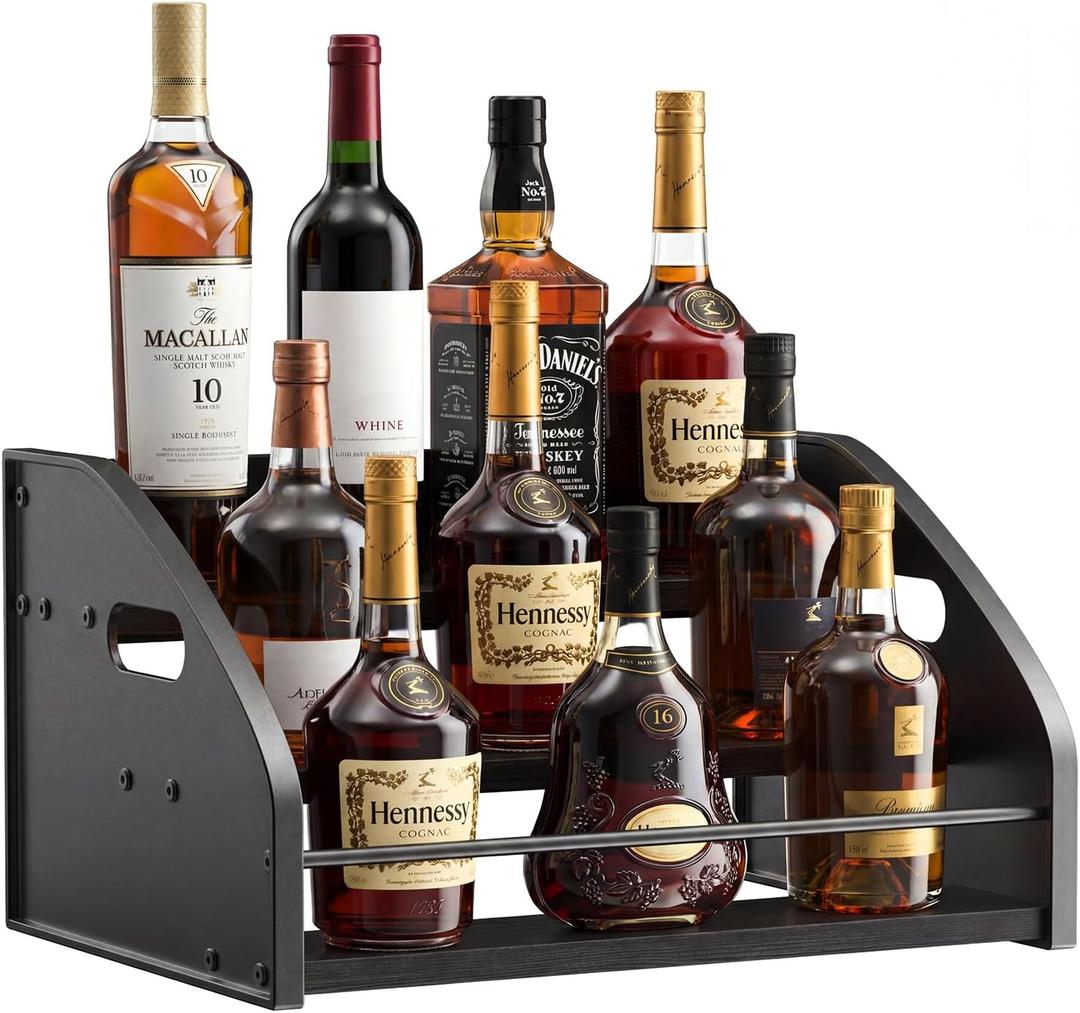 Countertop Liquor Bottle Organizer Shelf Rustic Display Rack for Wine & Coffee Syrups, Freestanding Bar and Kitchen Storage with Easy-Carry Handles (3-Tier)