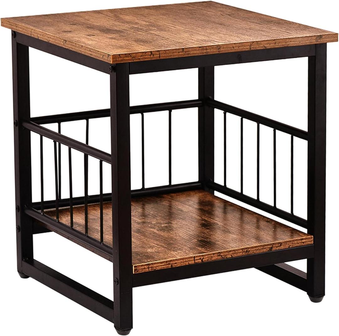 WAYTRIM Storage End Table, Industrial Side Table Mini Fridge Stand Fishtank Coffee Table with Large Metal Frame for Living Room Rustic Brown (1 Pack)