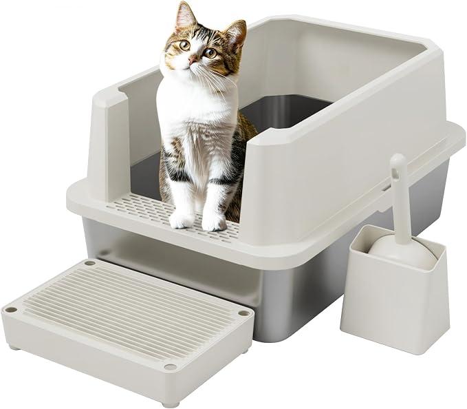RIZZARI Stainless Litter Box Semi-Closed: Odorless, Large, Easy Clean
High Splash Guard / Non-Stick Steel Pan / 20L Capacity / Raised Step / Fits Any Room / Multi-Cat Use