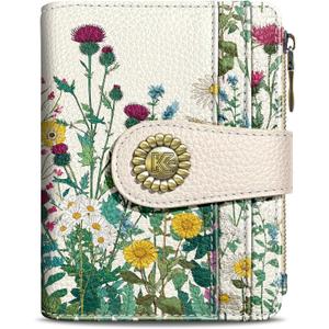 Aesthetic Flower Floral Small Rfid Women Wallet Bifold Zipper Coin Pocket PU Leather Compact Cash Credit Card Holder Travel Wallet for Female Ladies Teen Girls 1 ID Window 10 Card Slots