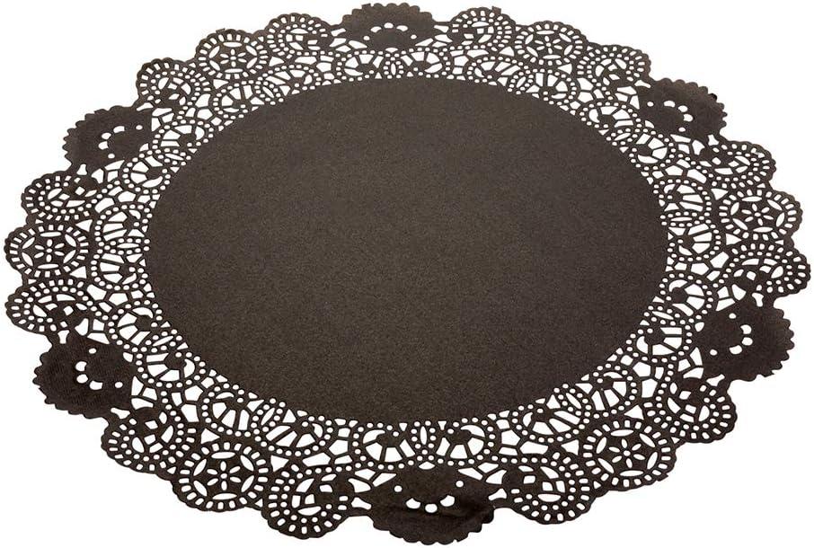 Restaurantware Pastry Tek 12 x 12 Inch Lace Doilies 100 Decorative Tableware Placemats - Disposable Round Black Paper Table Doilies For Birthdays Or Weddings Table Decor