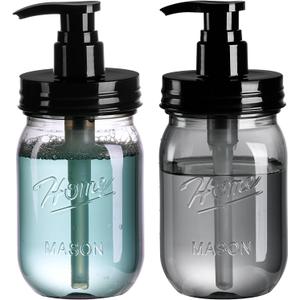 Amolliar Plastic Mason Jar Soap Dispenser with Pump Lid,16OZ Refillable Hand Soap Dispenser Set with Cute Lables, Farmhouse Decor for Kitchen Bathroom, Liquid Soap, Dish Soap (2 Pack, Black)