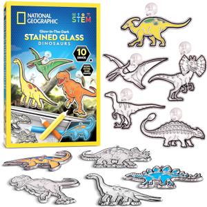 NATIONAL GEOGRAPHIC Glow in The Dark Dinosaur Stained Glass Art Kit - Window Sun Catchers and Crafts for Kids Ages 4-8