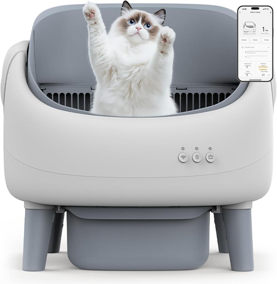 Open-Top Self Cleaning Litter Box, Automatic Cat Litter Box for Multiple Cats, APP Control, Safety Protection, Includes Trash Bags, White/Grey