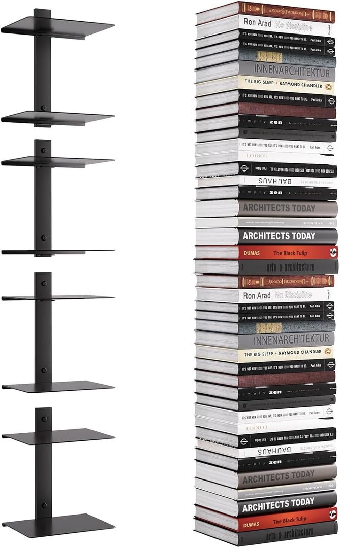 Invisible Floating Bookshelf for Wall, 8 Tier Vertical Spine Book Tower Wall Mounted, Heavy-Duty Metal Book Organizers for Home Office, 4 Pack Black