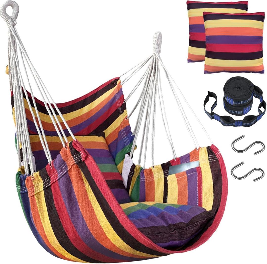 Halalona Hammock Chair Hanging Hammock Chair Rope Swing 2 Cushions Included-Sturdy & Durable Soft Cotton Hand Woven Hammock Swing for Bedroom, Porch, Patio-Indoor/Outdoor (Rainbow)