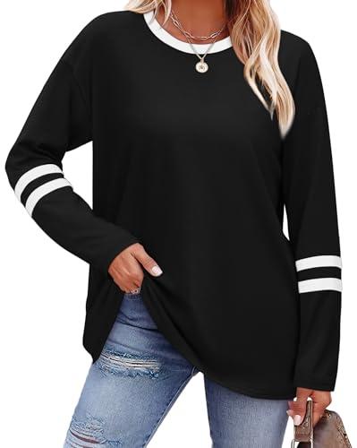 Sampeel Plus Size Womens Clothing Long Sleeve Shirts for Women Fall Fashion Outfits 2025 Business Casual Tops Fall Clothes Blouses Dressy Casual Oversized T Shirts Must Haves Loose Fit Black 3XL