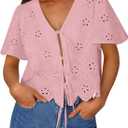 Trendy Queen Women's Tie Front Tops Summer Beach Vacation 2025 Fashion Outfits Loose Fit Blouses Eyelet Embroidered Clothes (X-Large, Pink)