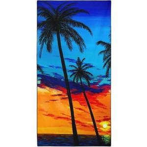 Oversized Beach Towel Quick Dry Sand Free Lightweight Microfiber Beach Towels for Swim Pool Camping Travel, Colorful Sunset Coconut Palm Trees, 36"x72"