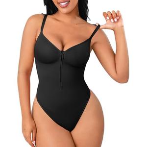 FeelinGirl Shapewear for Women Tummy Control Seamless Zip Front Bodysuits Thong V Neck Body Suit Body Shaper S