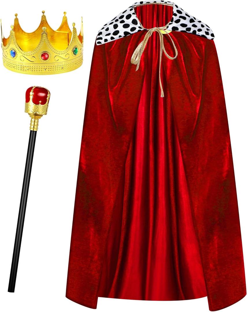 Silkfly King Cape Costume Set Medieval Robe Cape Gold Jeweled Plastic Crown Scepter for Carnival Halloween (120 cm, Red)