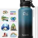 [2-IN-1 LID] Insulated Water Bottle with Silicone Boot (36hrs Cold/18hrs Hot) - DIY Stickers, Leakproof, BPA Free, 32 oz (Cyan Black)
