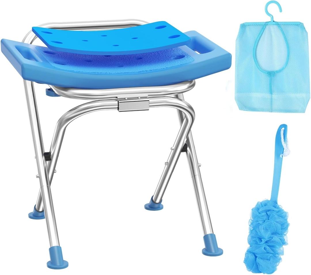 Medhelp Upgraded Folding Shower Chair, Stainless Steel Foldable Shower Seat for Inside Bathtub, Lightweight & Portable Travel Shower Stool, Anti-Slip Feet Bath Chair for Elderly, Disabled, Injured