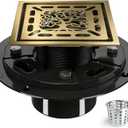 4 Inch Shower Drain, Square Shower Floor Drain Kit with Flange and Removable Cover Grate, AISI 304 Stainless Steel, Brushed Gold