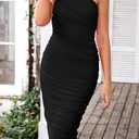PRETTYGARDEN One Shoulder Dresses for Women 2026 Summer Ruched Mesh Asymmetrical Cocktail Wedding Guest Bodycon Dress (Black, L)
