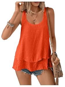SOLY HUX Women's Summer Tank Tops Scoop Neck Sleeveless Layered Flowy Casual Vacation Top Plain, Orange, Medium