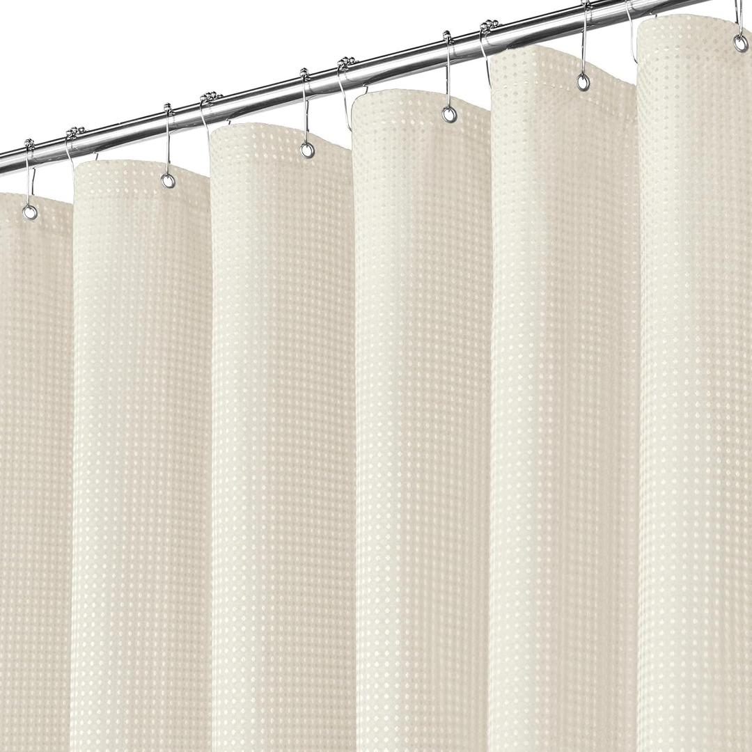 Inhousolu Fabric Shower Curtain, Waffle Weave 230 GSM Polyester, Weighted Hem, Metal Hooks Included, Water Repellent Washable, 72 x 84 Inch, Ivory