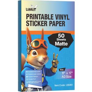 Uinkit Matte Sticker Paper 50 Sheets - Printable Vinyl Sticker Paper for Inkjet & Laser Printers, Waterproof Tear-Resistant Decals for Crafts, Labels & Small Projects (11"x17")