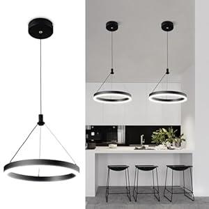 Modern LED Chandelier，Black Pendant Light Fixture with Circular Ring Lights，Adjustable Height Chandeliers with Circular Ring Shape for Dining Room Kitchen Island Living Room Bedroom Cafe(4000K)
