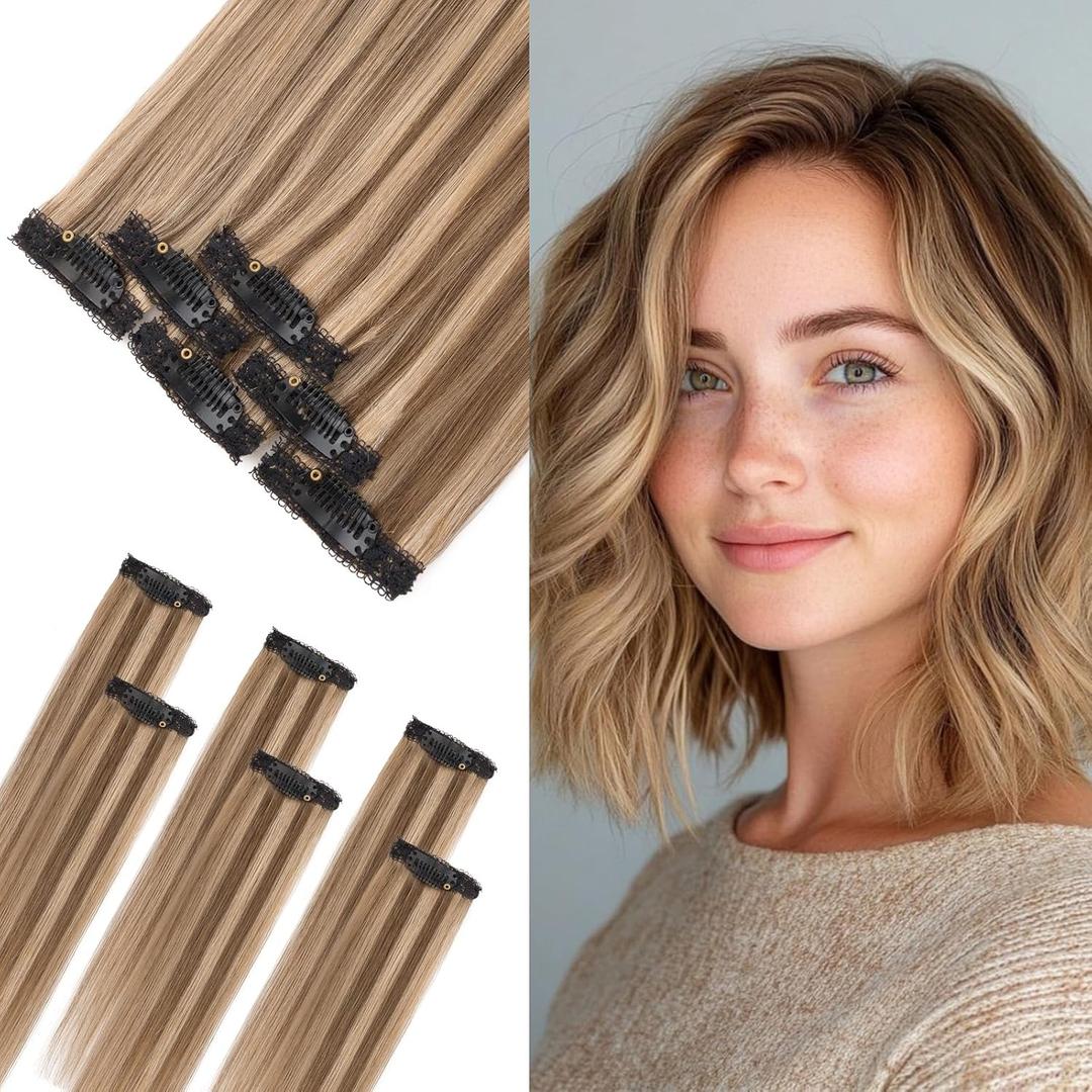 6pcs 6 Clips in Short Hair Extensions Human Hair Mini Clip ins Hair Extension Clip on Hair Pieces for Add Volume Highlights Straight Remy Hairpiece-10 Inch#4P27 Medium Brown&Dark Blonde