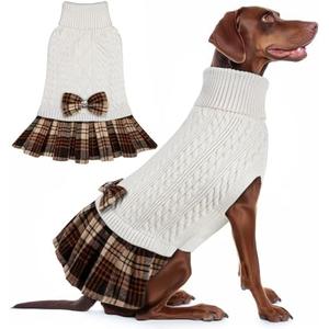 KYEESE Dog Sweaters Dress with Leash Hole with Bowtie Turtleneck Red Dog Knitwear Plaid Pattern Warm Pet Sweater for Medium Dogs White,(XX-Large (Pack of 1)
